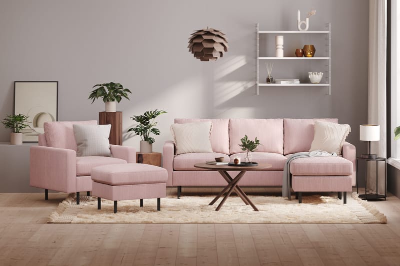 Peppe Soffgrupp 3-sits Vändbar L-formad Divansoffa + Fåtölj + Fotpall i Manchester - Rosa - Möbler - Soffa - Soffgrupp