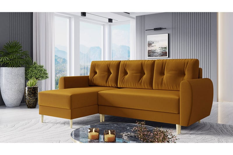 Bornalle 3-sits L-formad Bäddsoffa 130x200 cm med Förvaring i Sammet - Gul - Möbler - Soffa - Bäddsoffa - Bäddsoffa divan