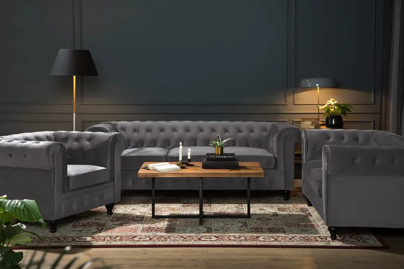 Chesterfield Lyx 2-sits Liten Sammetssoffa - Djup soffa 160 cm bred - Mörkgrå - Möbler - Soffa - Sammetssoffa