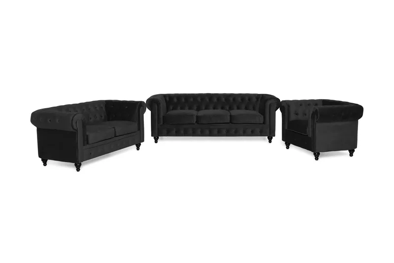 Chesterfield Lyx Modern Soffgrupp 3+2+1 i Sammet, Svart