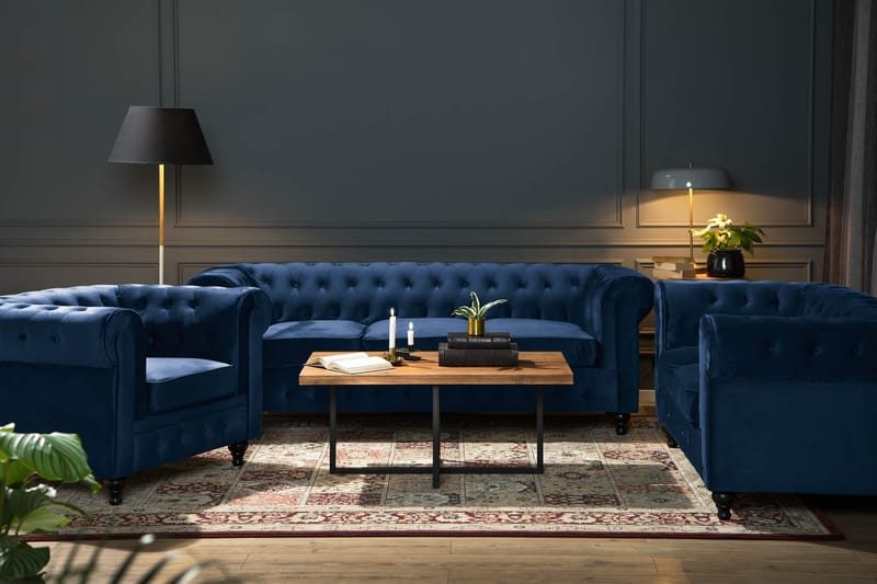 Chesterfield Lyx Soffgrupp 2-sits+3-sits Sammet - Blå - Möbler - Soffa - Soffgrupp - Soffgrupp 3 2 1