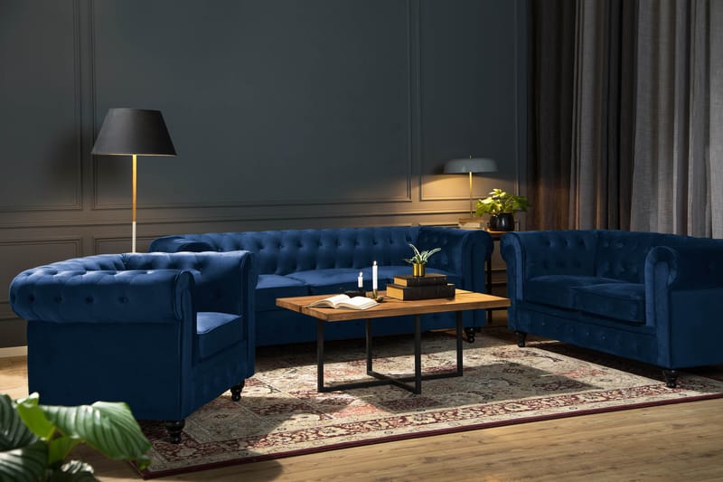 Chesterfield Lyx Soffgrupp 2-sits+3-sits Sammet - Blå - Möbler - Soffa - Soffgrupp - Soffgrupp 3 2 1