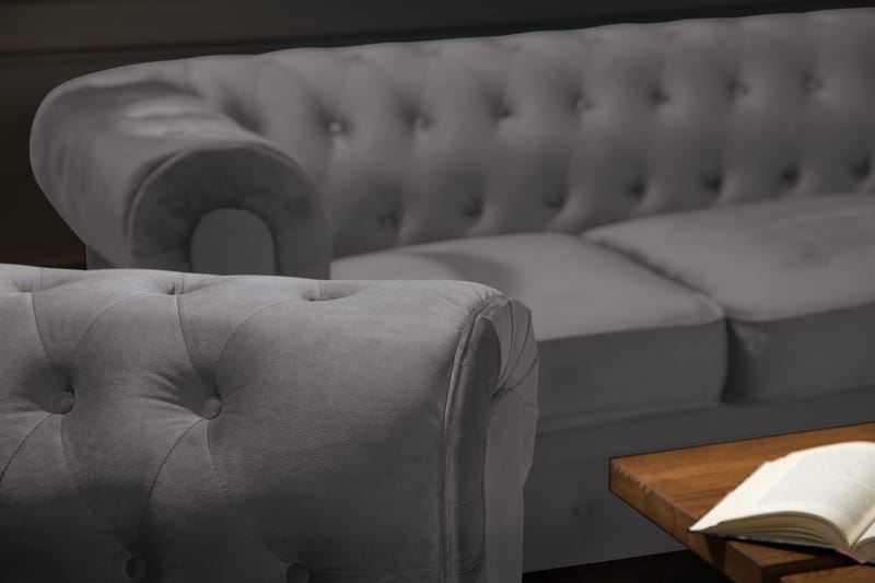 Chesterfield Lyx Soffgrupp 2-sits+Fåtölj Sammet - Grå - Möbler - Soffa - Soffgrupp - Soffgrupp 3 2 1