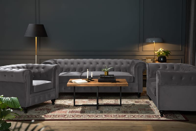 Chesterfield Lyx Soffgrupp 2-sits+Fåtölj Sammet - Grå - Möbler - Soffa - Soffgrupp - Soffgrupp 3 2 1