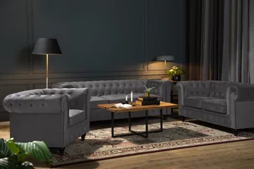 Chesterfield Lyx Soffgrupp 2-sits+Fåtölj Sammet - Grå - Möbler - Soffa - Soffgrupp - Soffgrupp 3 2 1