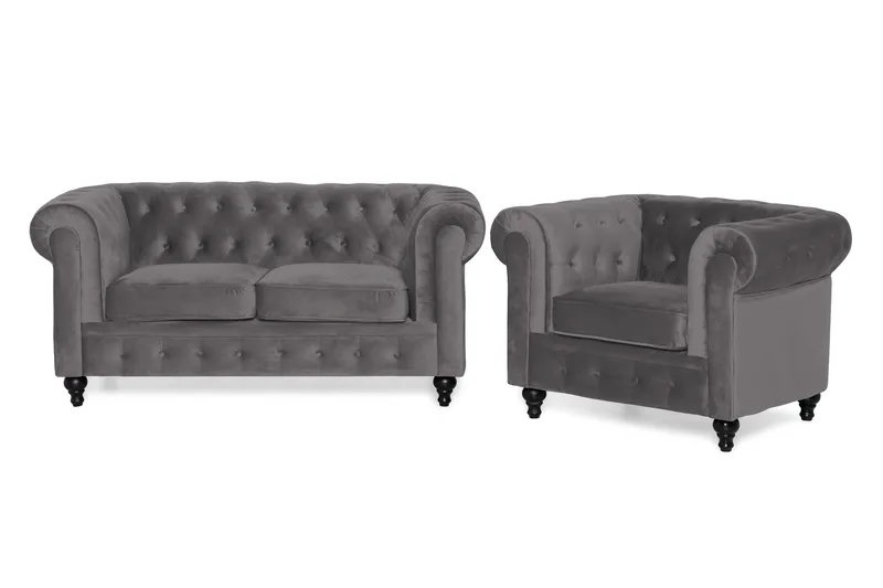 Chesterfield Lyx Soffgrupp 2-sits+Fåtölj Sammet, Grå