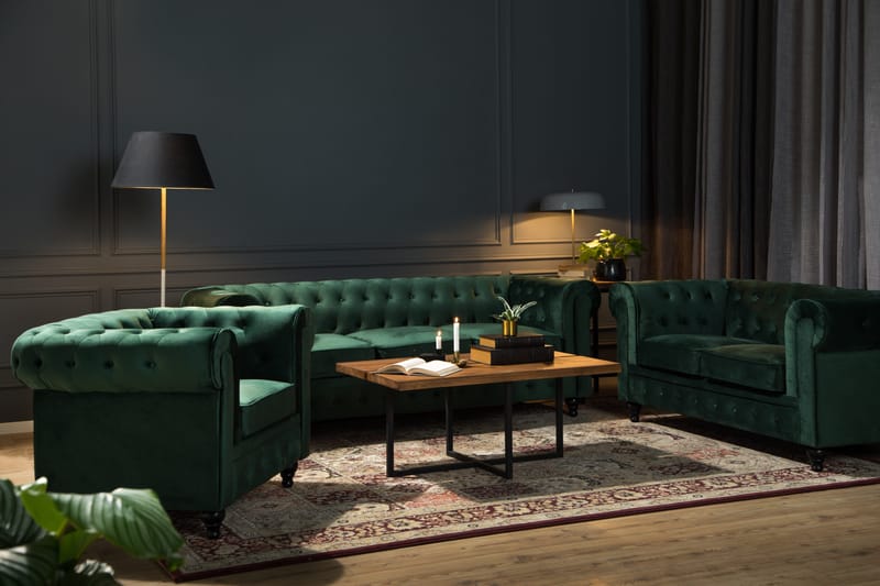 Chesterfield Lyx Soffgrupp 2-sits+Fåtölj Sammet - Grön - Möbler - Soffa - Soffgrupp - Soffgrupp 3 2 1