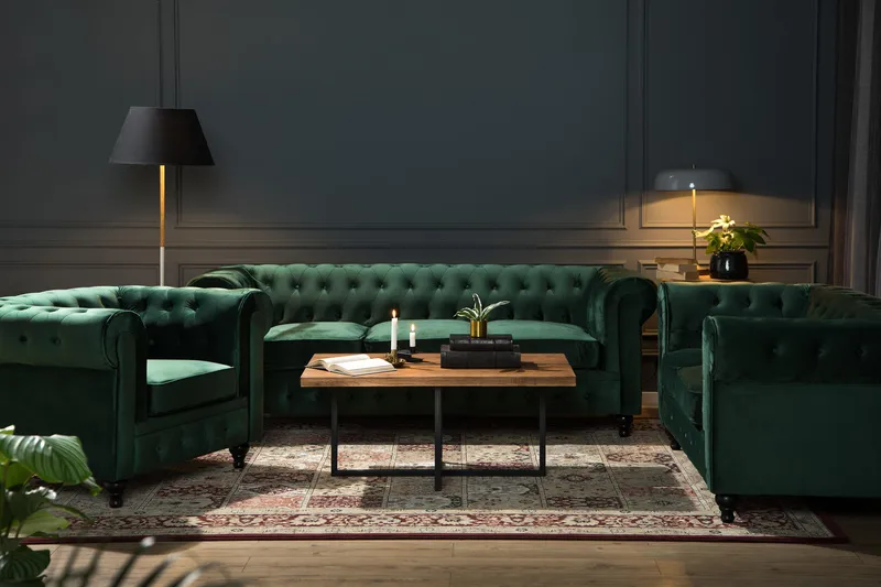 Chesterfield Lyx Soffgrupp 3+2+1 i Sammet - Grön - Möbler - Soffa - Soffgrupp - Soffgrupp 3 2 1