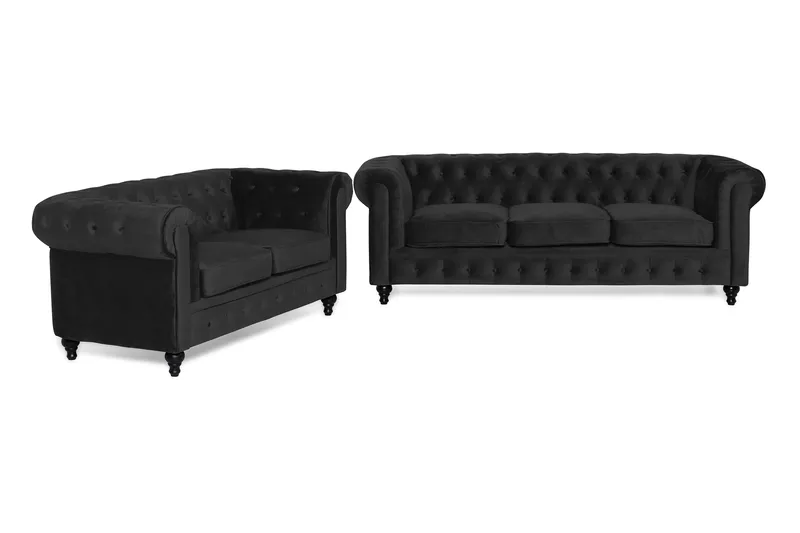 Chesterfield Lyx Soffgrupp 3+2 i Sammet, Svart