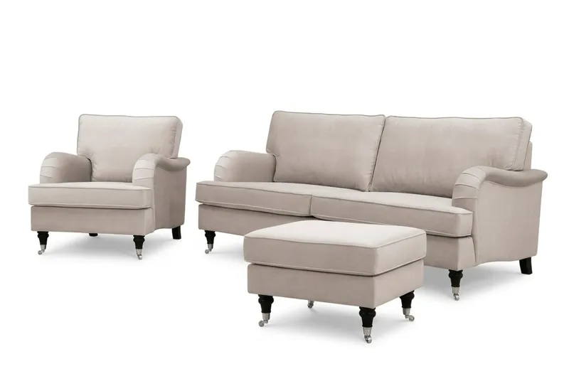 Howard Classic Soffgrupp 3-Sits Soffa och Fåtölj samt Fotpall i Sammet - Beige - Möbler - Soffa - Soffgrupp - Soffgrupp 3 2 1