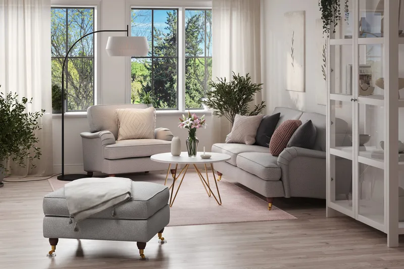Howard Lyx Soffgrupp 3-sits Soffa + Fåtölj + Fotpall i Tyg - Ljusgrå - Möbler - Soffa - Soffgrupp - Soffgrupp 3 2 1