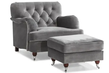 Howard Riviera Soffgrupp 3-sits + 2-sits Soffa + Fåtölj + Fotpall i Sammet - Ljusgrå - Möbler - Soffa - Soffgrupp - Soffgrupp 3 2 1