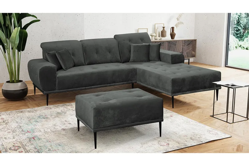 Rapale Soffgrupp Höger med Fotpall - Sammet/Ljusgrå/Svart - Möbler - Soffa - Divansoffor & schäslongsoffa