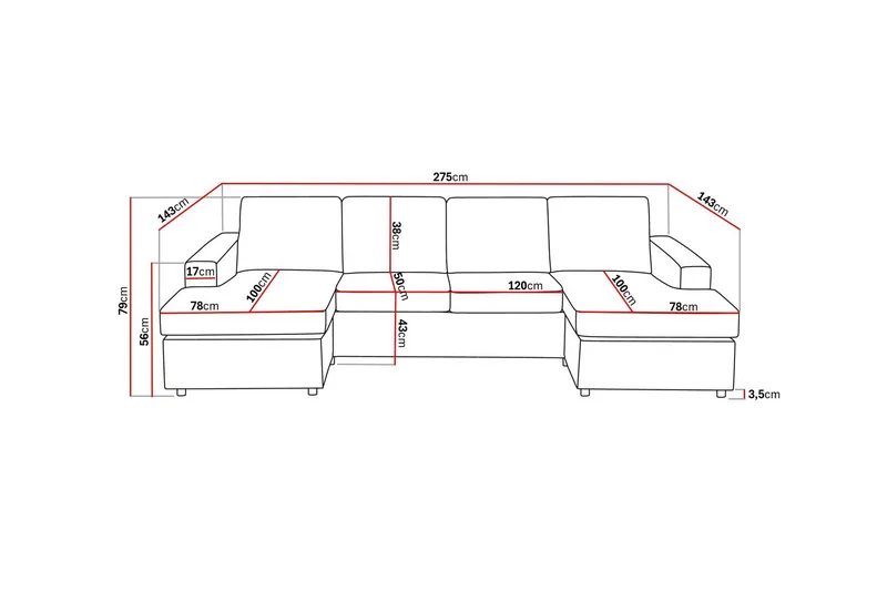 Crazy 4-sits U-formad Soffa med dubbeldivan i Tyg - Antracit - Möbler - Soffa - U-soffa
