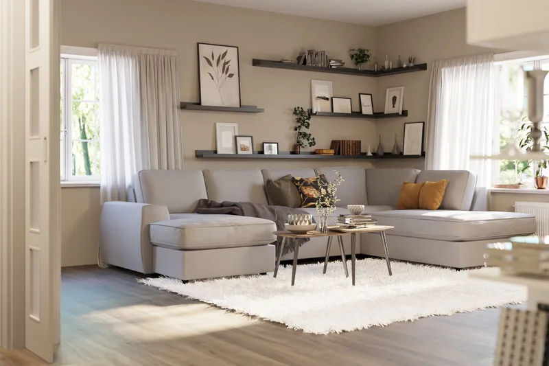 Optus Lyx 4-sits Högervänd U-formad Soffa med Divan och Schäslong i Tyg - Grå - Möbler - Soffa - U-soffa