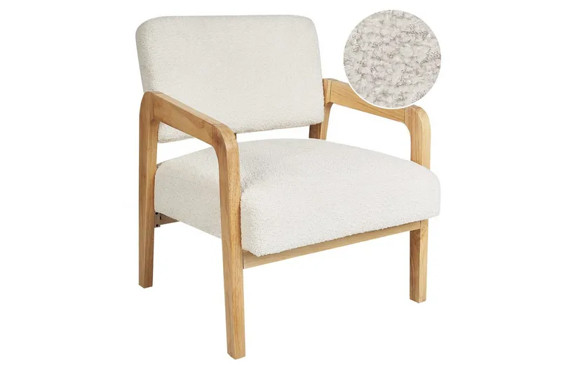 Hjo Fåtölj med Armstöd i Bouclé med Trästativ, Gräddvit
