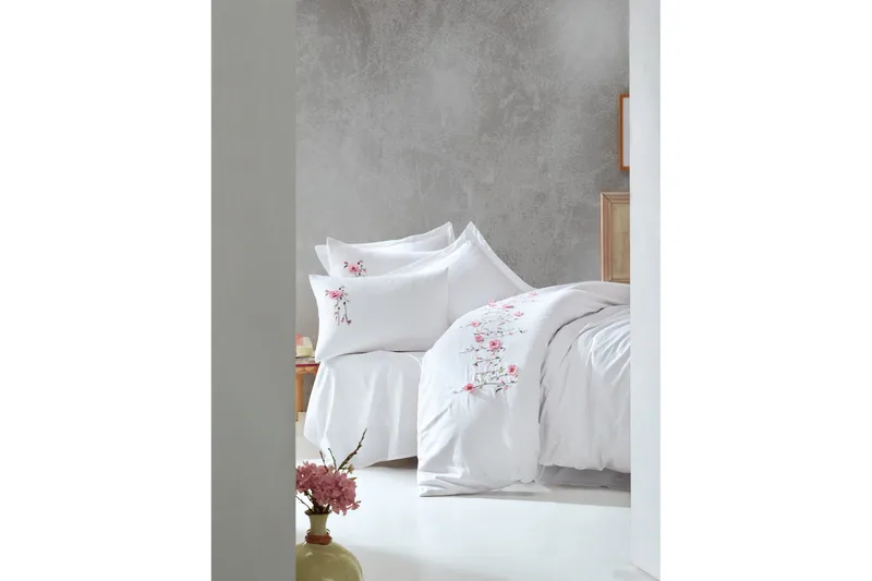 Cotton Box Bäddset Dubbelt 6-dels Premium Satin, Vit/Rosa