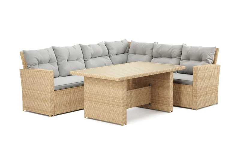 James 5-sits Högervänd Loungegrupp Utomhus – Soffgrupp med ljusgrå dynor och bord i konstrotting - Ljusgrå / Beige - Utemöbler - Loungemöbler - Soffgrupp utomhus