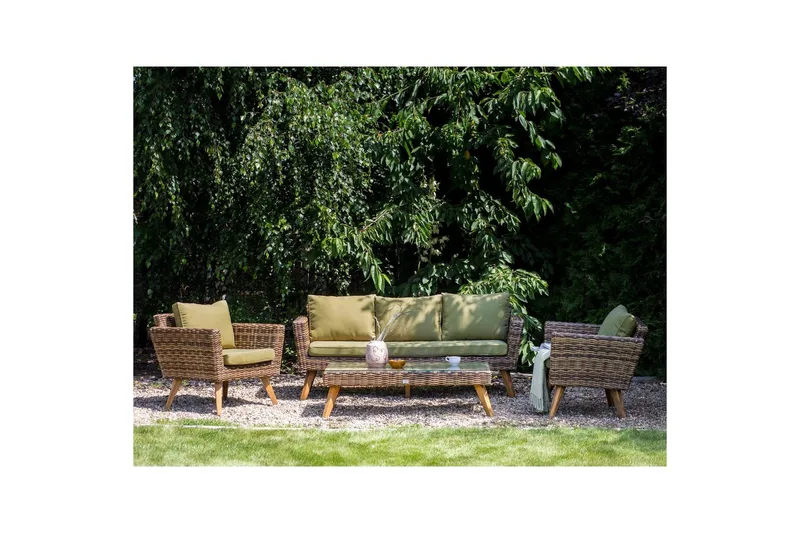 Loungegrupp med bord Vittoria Beige/grönt/mörkt trä, 5-Sits - Beige/grönt/mörkt trä, 5-Sits - Utemöbler - Loungemöbler - Soffgrupp utomhus