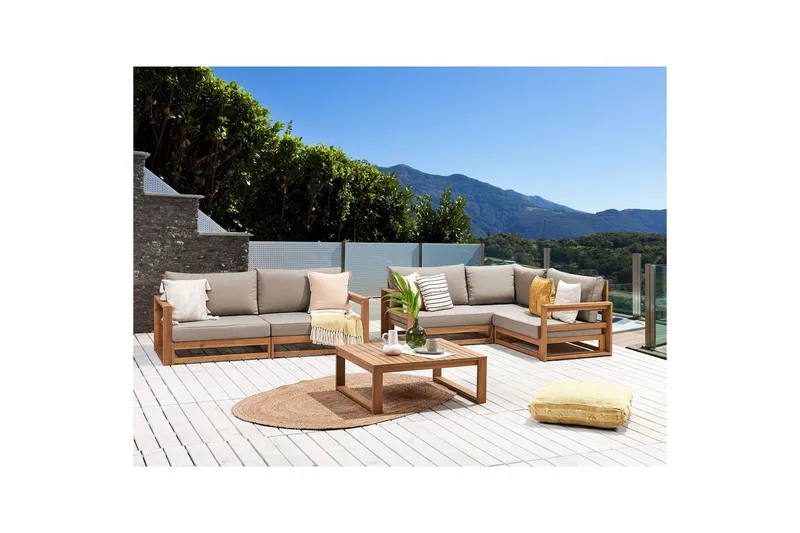 Loungegrupp Timor 4-sits Ljus trä/grått/beige, Ja - Ljus trä/grått/beige, Ja - Utemöbler - Loungemöbler - Soffgrupp utomhus