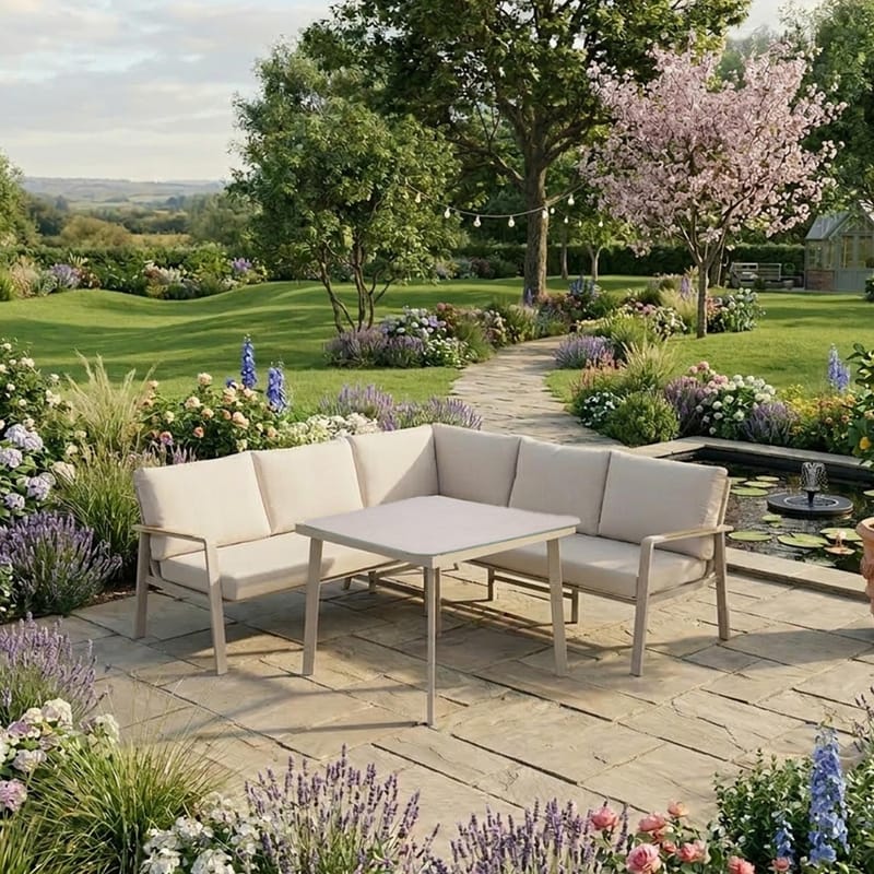 Trädgårdsmöbelgrupp Upland bord och hörnsoffa - Beige - Utemöbler - Loungemöbler - Soffgrupp utomhus