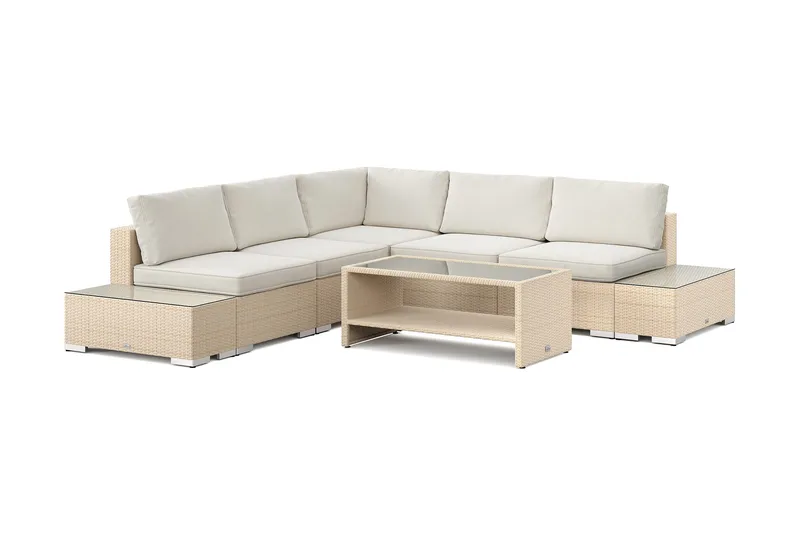 Bahamas utomhus hörnsoffa 5-sits vändbar med öppet avslut och bord med hylla, Beige