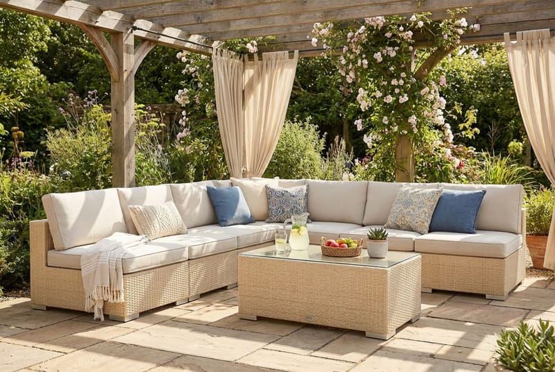 Bahamas utomhus hörnsoffa 7-sits vändbar med öppet avslut och bord - Beige - Utemöbler - Loungemöbler - Soffgrupp utomhus