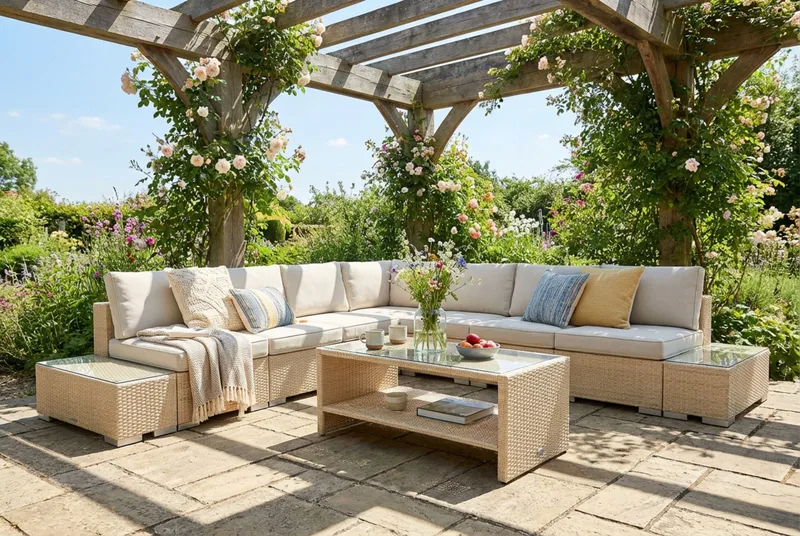 Bahamas utomhus hörnsoffa 7-sits vändbar med öppet avslut och bord med hylla - Beige - Utemöbler - Loungemöbler - Soffgrupp utomhus