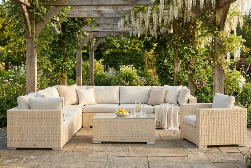 Bahamas utomhus hörnsoffa 8-sits vändbar med fåtölj och bord - Beige - Utemöbler - Loungemöbler - Soffgrupp utomhus