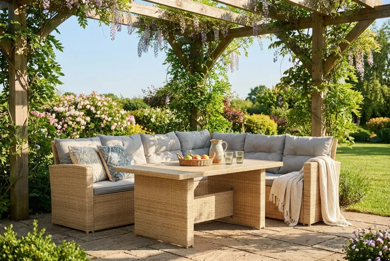 James 5-sits Högervänd Loungegrupp Utomhus – Soffgrupp med ljusgrå dynor och bord i konstrotting - Ljusgrå / Beige - Utemöbler - Loungemöbler - Soffgrupp utomhus