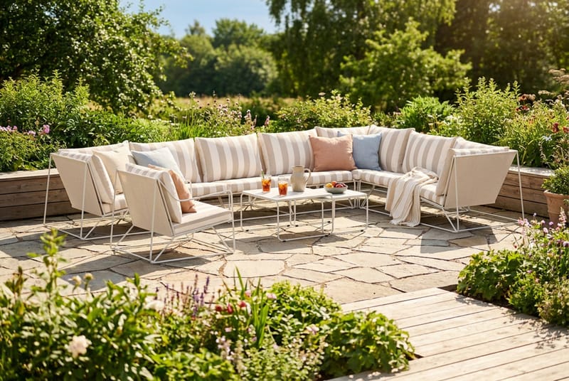Usteryd utomhus L-soffa 8-sits vändbar med fåtölj - Beige/Striped - Utemöbler - Loungemöbler - Soffgrupp utomhus