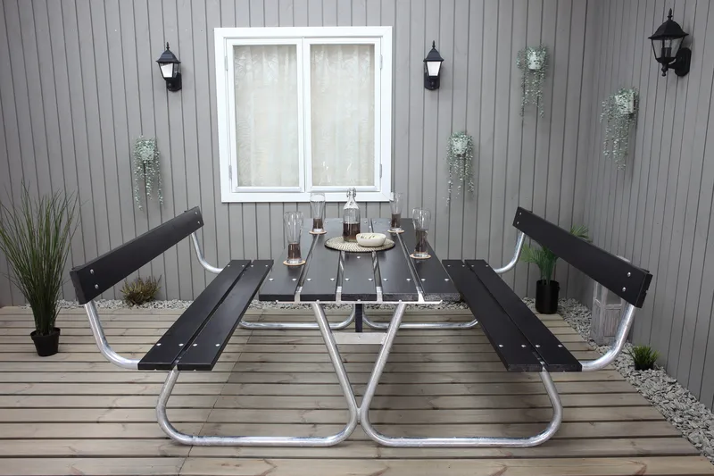 Picknickset Stabil Metall Ryggstöd ingår - Svart - Utemöbler - Utebord & trädgårdsbord - Picknickbord & bänkbord