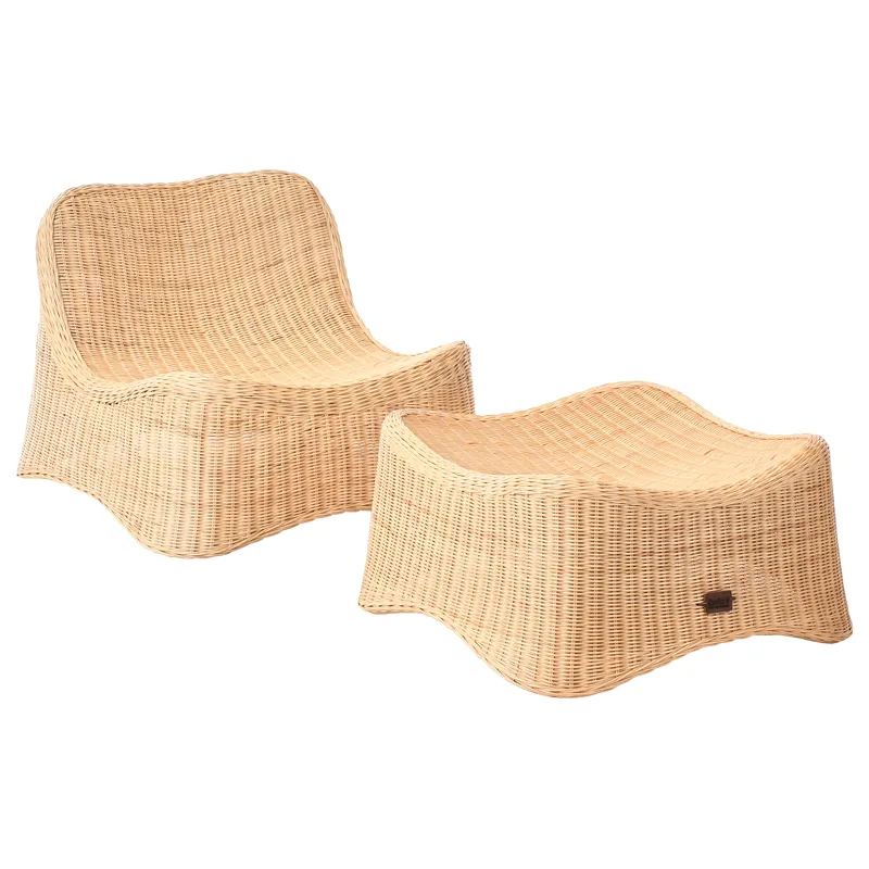 Fåtölj utomhus med Fotpall Aigani Rotting, Naturlig/Beige