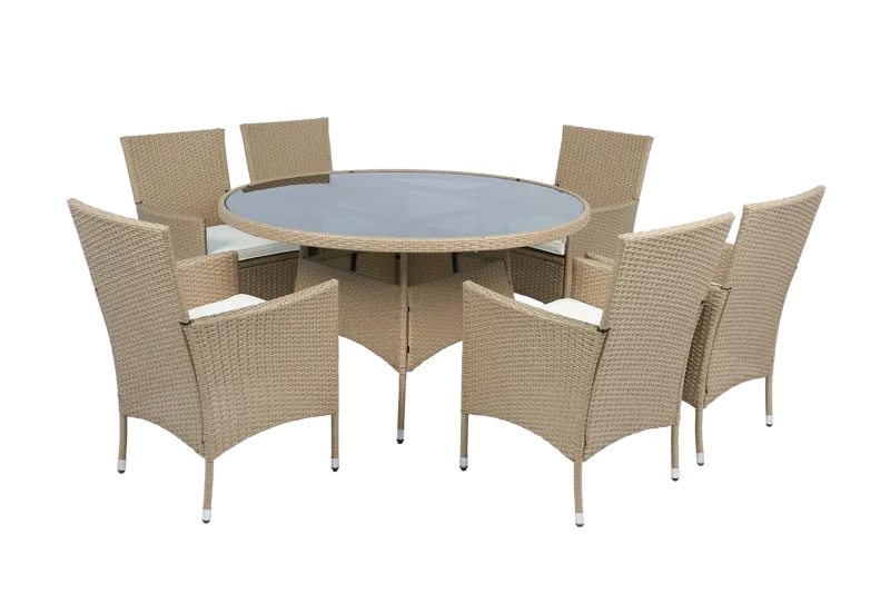 Matgrupp Tylösand Natur – 6 platser | Runt bord Ø135 cm & 6 stolar med dynor