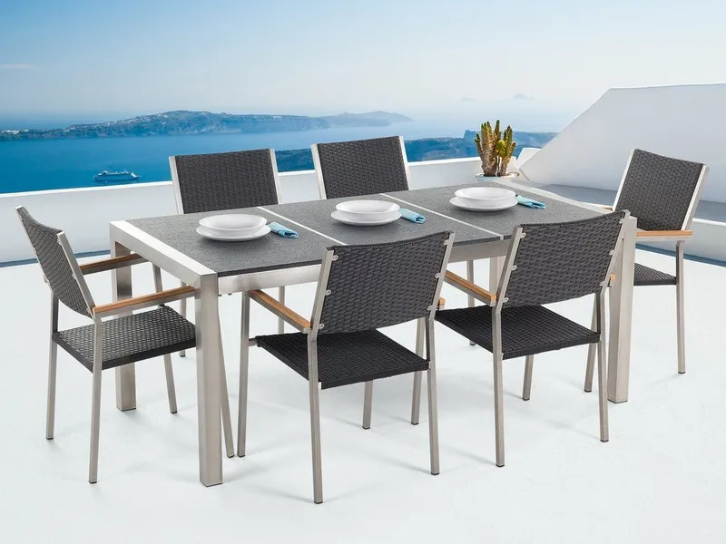 Bacoli Matgrupp Utomhus 180 cm + 6 Utestolar, Grå