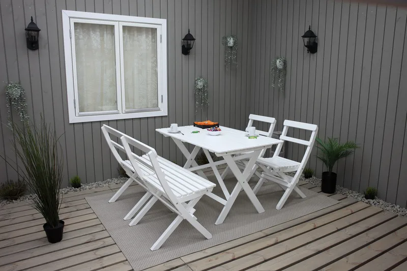 Larios Matgrupp Utomhus + 2 Ihoppfällbara Utestolar + Bänk Utomhus, Vit